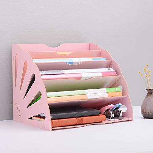 5 Sections Assembly File Sorter Buckle Design Office Wood File Organizer Document Desktop Folder for Home Students DIY Organization, Fan-Shaped Mail Letter Desk File Holder, Pink