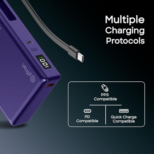 Image of pTron Dynamo Sprint 20000mAh 35W Super Fast Charging, USB Type-C Input Power Bank Compatible with QC3.0 /PD3.0, Built-in Charging Cable, 3 Charging Outputs, Type-C Input /Output Port (Purple)