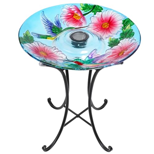 VCUTEKA Solar Birdbath Glass Bird Bath Outdoor with Metal Stand for Lawn Yard Garden Decor, Hummingbird