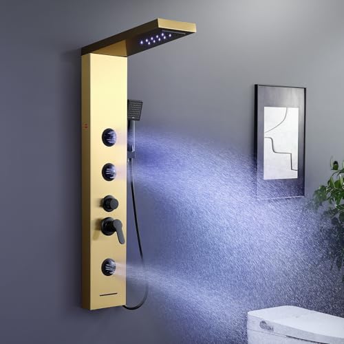 KINKIBOS Tour de douche dorée avec mitigeur, 6 modes : pluie, cascade, massage corporel, douchette et buse de bain, colonne en acier inoxydable
