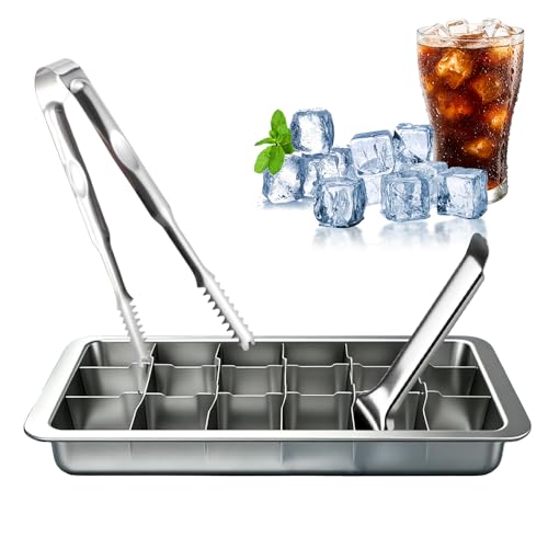 RNPKZ Eiswürfelform Edelstahl 18 Schlitzen Eiswürfel Edelstahl mit Hebel Kälteschonenden & Eiszange Eiswürfelformen Leicht zu Entnehmen DIY Herstellung Verschiedener Wasser Getränke Whisky Cocktail
