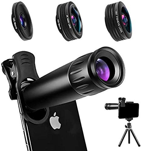 Phone Camera Lens 22X Telephoto Lens 4K HD 0.67X Super Wide Angle Lens&25X Macro Lens 205° Fisheye Lens Work as Telescope with Metal Tripod