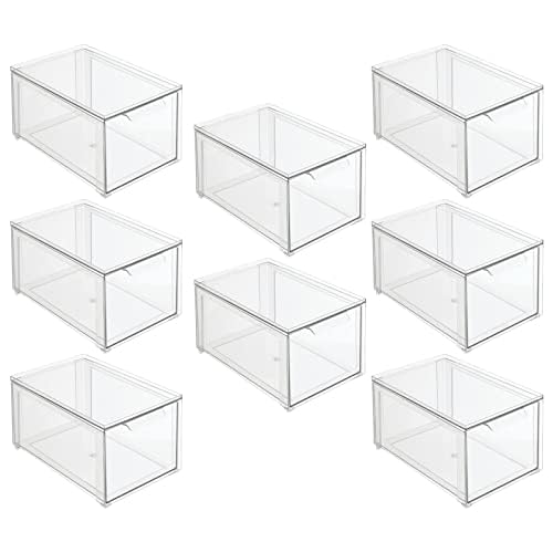 mDesign Plastic Stackable Closet Storage Organizer Bins with Pull Out Drawer for Cabinet, Desk, Shelf, Cupboard, or Dresser Organization - Lumiere Collection - 8 Pack - Clear