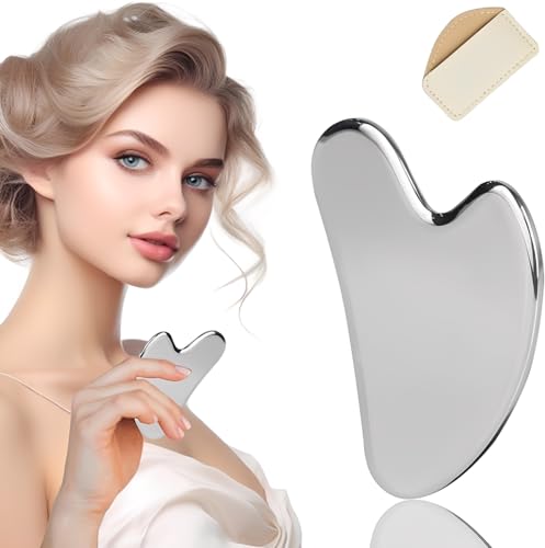 Gua Sha Massage Tools Stainless Steel Gua Sha Stonel Smooth Durable Metal Guasha Tool for Face Body Reduce Puffiness Skin Care Gift (Silver)