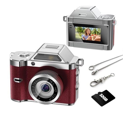 OMK Mini Keychain Camera, 1080P Pocket-Size Camera with 32GB Card, Portable Mini Retro Camera, One-Button Recording, Lightweight Vintage for Travel, Birthday Gift, Party, Daily Moments(Red)