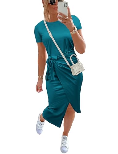 Image of NOLLSOM Women Casual Sleeveless Striped Tank Midi Dresses Halter Neck Ruched Bodycon Dresses Tie Waist T Shirt Summer Dress