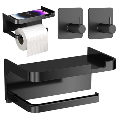 FZYCOM Porte Papier Toilette sans Percage avec Étagère et 2 Crochets, Support Papier Toilette Mural, Organisateur Salle de Bain pour WC, Toilettes, Cuisine, Camping Car, Noir