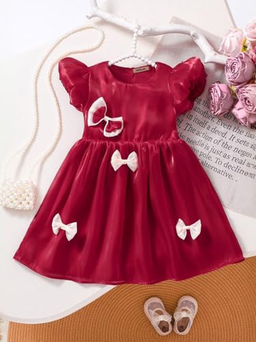 Image of Buy & Try Girls Silk Party Dress, Floral Printed Knee Length Frock with Short Sleeves, Comfortable Fit & Zipper Closure, Elegant Birthday, Wedding, Festival & Special Occasion Wear for Kids