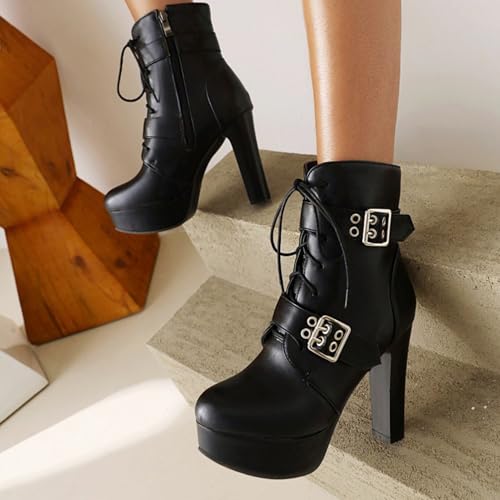 Alyaafifa Lace Up Chunky Heel Combat Boots for Women Platform Ankle Booties Matte Leather Closed Toe High Heel Short Boots with Studs Sexy Vintage Dress Shoes 6