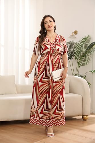 Image of OSTOO Women's Plus Size Hawaii Empire Waist Bat Short Sleeve Casual Floral Print Boho Maxi Dress