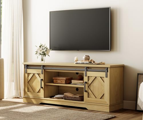 Image of WAMPAT Farmhouse Style TV Stand for 55-65 inch TV w /Distressed Wood Finish