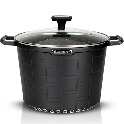 EliteHoff Kochtopf Induktion, Premium Topf 24cm 6.5 liter mit Glasdeckel, Suppentopf Aluminiumguss mit Antihaftbeschichtung, Geeignet für alle Herdarten, Induktionstopf Schwarz, Spülmaschinenfest