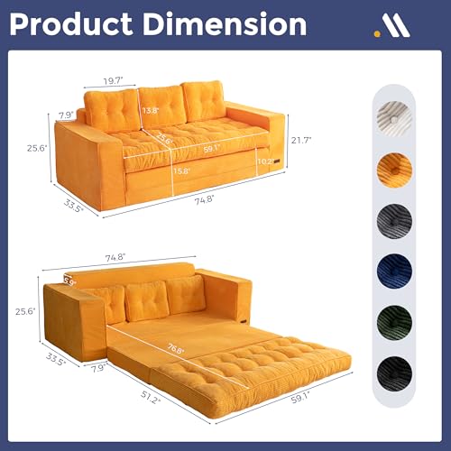 Image of MAXYOYO Convertible Sofa Bed, Pull Out 3 Seater Sofa Couch, 2 in 1 Folding Couch Bed, Fold Out Floor Couch with Pillows for Living Room Bedroom, Orange