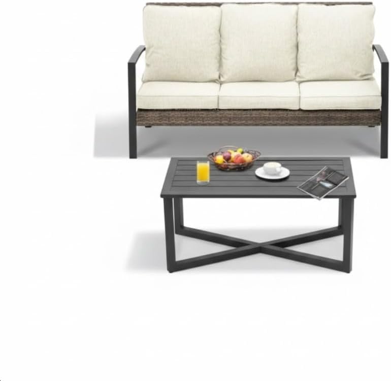 All-Weather Woven Patio Conversation Set with Comfortable Cushioned Seating and Matching Coffee Table for Outdoor Living Spaces (Beige + PE Rattan+Iron)