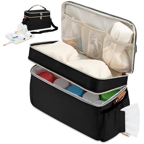 Image of Breastmilk Cooler Bag with 6 Ice Pack, Wearable Breast Pump Bag Compatible with Willow, Elvie, Medela & Momcozy M5/S12 Pro Pumps & Accessories for Work, Travel and Family Use Black