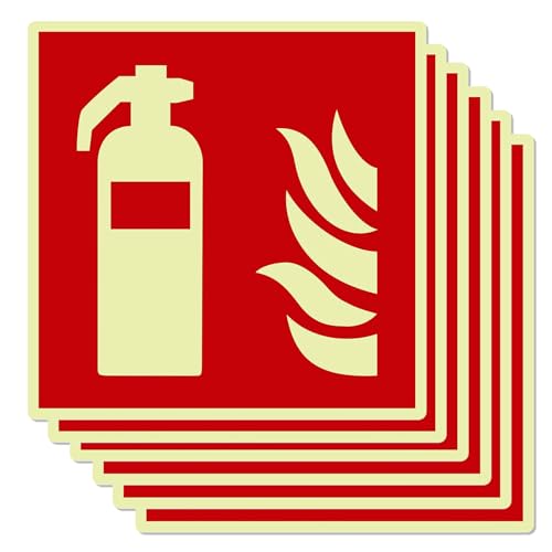 Mumjooyi 6 Stück Feuerlöscher Schild Feuerlöscher PVC Starker Kleber Hochwertiges Hinweisschild Feuerlöscher Nachleuchtend Selbstklebend 14 5 x 14 5CM (6 Stück Feuerlöscher Schild)