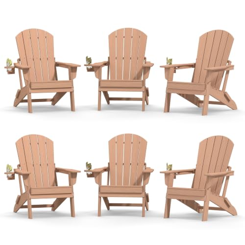 Image of Plawdlik Folding Adirondack Chair Set of 6 with Cup Holder,Wooden Textured ,Heavy All-Weather HDPE Comfortable Set Poolside Backyard Lawn, Teak