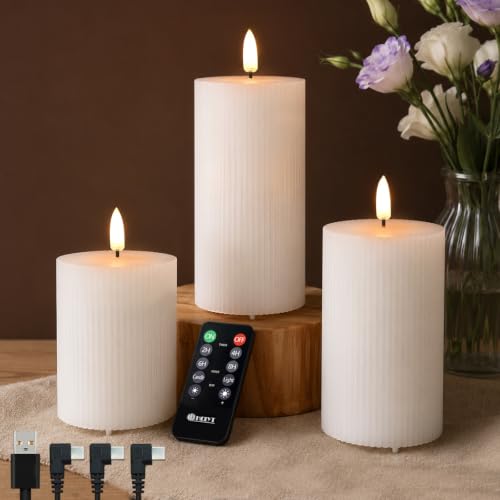 Image of LEDHOLYT Rechargeable Flameless LED Pillar Candles-Luminous Real Wax Indoor Home Decor-Set of 3, Realistic Flickering LED Flame,Remote & Timer, USB-Rechargeable（White）