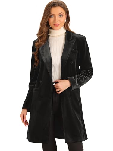 Allegra K Velvet Coat for Women's Lapel Double-Breasted Long Outerwear Winter Coats