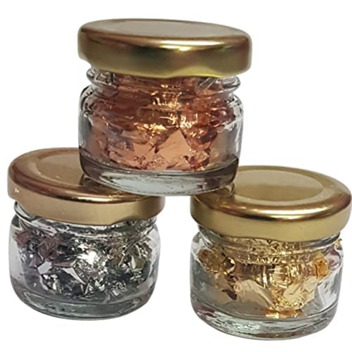 Metallic Foil Schabin Gilding Metal Leaf Flakes Three Bottles Kit - Set of Three Colors Imitation Gold and Silver, Copper in Three Bottles - Epoxy Resin Nail Crafts Painting (2x2 Inch)