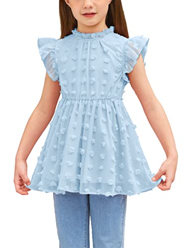 Arshiner Girls T Shirts Loose Fit Crew Neck Ruffle Sleeve Summer Casual Tops Chiffon Swiss Dot Cute Dressy Flowy Blouse Tunic Tee Light Blue 11-12 Years #TOP21