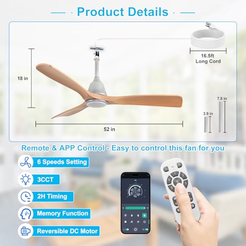 Image of Depuley Outdoor Ceiling Fan with Lights: 52 inch Silver Gazebo Fans Outdoor Hanging with Remote APP Control - Plug in Waterproof Fans with Light for Patio Porch Reversible Wood Blades 3CCT 6 Speeds Timer