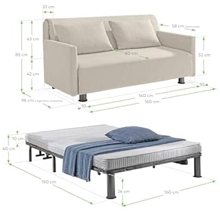 EVERGREENWEB Canapé-lit 2 Places Convertible en Lit avec Matelas 140x190 Effet Massant 0rthopédique, Extensible Sofa Bed Pliable, Housse Déhoussable et Lavable Couleur Beige, 2 Coussins Inclus | EDITH
