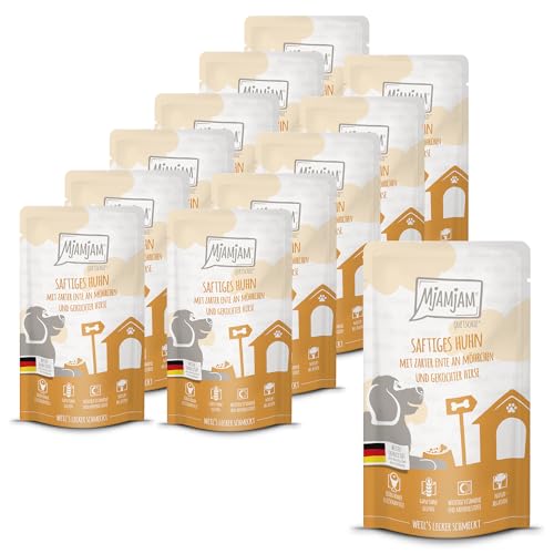 MjAMjAM - Comida húmeda Premium para Perros - Quetschie - Pollo jugoso con Pato tierno, Zanahorias y mijo cocido, Pack de 12 (12 x 125g), sin Gluten con Extra de Carne
