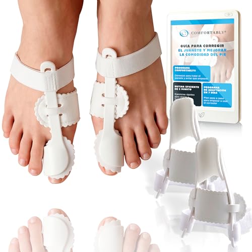 COMFORTABLY SUPER PACK Corrector de Juanetes con Férula Ajustable + Guía Exclusiva Alineador de Dedo Gordo para Alivio del Dolor y Corrección Progresiva – Protector de Juanete Día y Noche Set 2 UDS