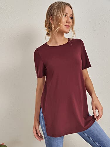 Romwe Women's Maternity Tunic Tee Shirt Short Sleeve Round Neck Split Hem Blouse Top Burgundy Solid L #TOP2