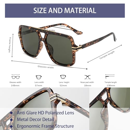 OUWEN Retro Oversized Polarized Square Aviator Sunglasses Womens Mens, Trendy Designer Big Rectangle Sun Glasses OW22374