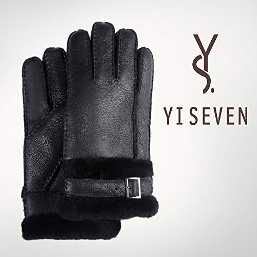 Yiseven Men's Sheepskin Leather Gloves Shearling Mittens Adjustable Buckle Sherpa Fur Cuff Thick Wool Lined For Winter Cold Weather Dress Driving Work Prime Gifts, Black Xl #TOP6