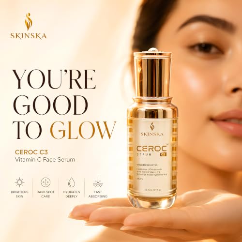 Image of SKINSKA NATURALS CEROC C3 Vitamin C Face Serum (30ml) | With Hyaluronic Acid, Vitamin E & Licorice Extract | Brightening, Dark Spot Reduction & Uneven Skin Tone Care | Suitable for Oily, Dry & Sensitive Skin | Men & Women