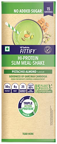 Image of Saffola FITTIFY Hi-Protein Weight Loss Shake|Meal Replacement Shake For Men & Women|Pistachio Almond|Goodness Of Garcinia Cambogia|Triple Action Protein|No Added Sugar|525 Gm|15 Servings
