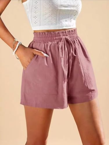 Image of LIRIT Womens High Waist Casual Linen Blend Summer Shorts with Elastic Paperbag Waist Drawstring Side Pockets Relaxed Fit Lightweight Shorts