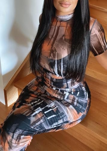 Image of MOEENCN Sexy Long Sleeve Midi Dress for Women Sheer Mesh Printed 2 Piece Skirt Set Crew Neck See Through Bodycon Party