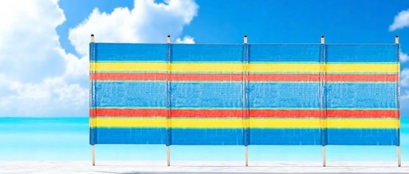 Multi Coloured Windbreak with Wooden Poles Outdoor Privacy Screen for Beach Camping Caravan Garden Travel Shelter Portable Barrier for Picnic Shade Unique Wind Protection Air Sun Partition (5 Poles)