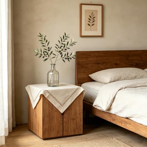 tiosggd Beige Small Square Tablecloth 24 x 24 inch, Rustic Farmhouse Linen Textured Table Cloth with Decorative Cutouts, Coffee Table Cover for Nightstand, End Table Home Decor, Washable