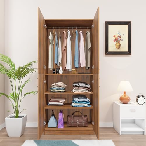 Image of VIKI Wardrobe | Wooden Almirah for 4 Small Door Wardrobe with Shelves & Hanging Space (Brussel Walnut - 40D x 80W x 180.8H) | 1 Year Warranty | Free Assembly