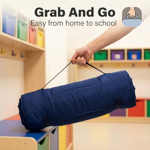 Image of EVERYDAY KIDS Nap Mat with Removable Pillow - Navy - Carry Handle with Straps Closure, Rollup Design, Soft Microfiber for Preschool, Daycare, Travel Sleeping Bag - Ages 3-6 Years