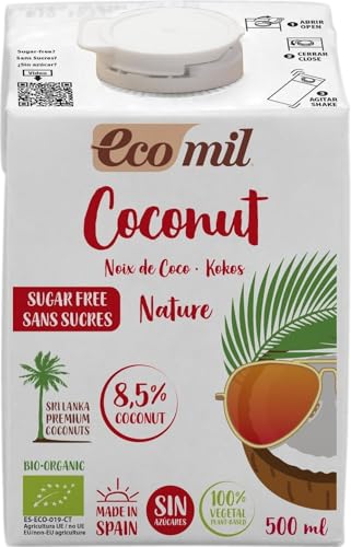 Ecomil Leche de coco Bio 500ml.Sin lactosa, sin gluten, sin soja, sin huevo, sin azúcares añadidos, sin proteína láctea y con bajo contenido en sal
