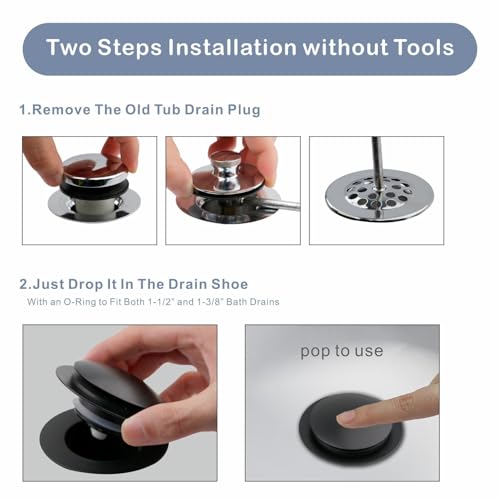 Image of HIDROP Tub Drain Stopper, Universal Pop Up Bathtub Drain Stopper, Black | Brass Tub Drain, Fit 1-1 /2 inch and 1-3 /8 inch Tub Drain, Replace Lift and Turn, Tip-Toe and Trip Lever Drains for Tub, EZ Install