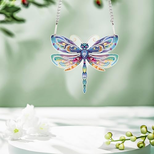 Image of AiYuanzsh Animal Dragonfly Diamond Painting Kit Ornament with Hanging Chain DIY Diamond Art Acrylic Crystal Hanging Pendant Paint by Number Stained Glass Wall Art for Adults Home Wall Decor Gift
