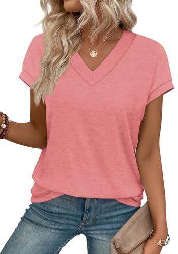 Image of Aokosor Womens Tops T Shirts for Women UK Short Sleeve V Neck Ladies Blouses Tunic Tops Coral Size 14-16