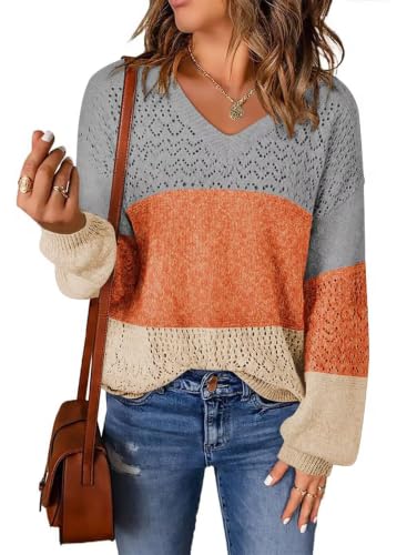 Image of JOCAFIYE Womens Sweaters Casual Long Sleeve V Neck Pullover Sweater Tops