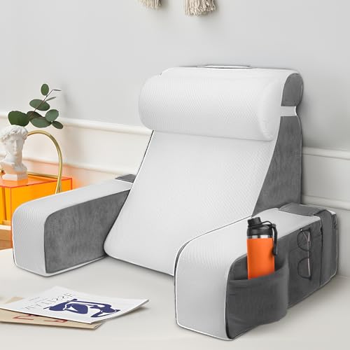 Cojín grande de lectura con reposacabezas y reposabrazos extraíbles, cojín de respaldo ergonómico, cojín de respaldo con brazo y bolsillo y funda lavable para leer y ver la televisión