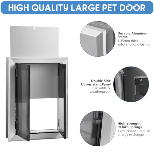 SmarketBuy Large Dog Door, Weatherproof Aluminum Dog Door with Automatic Closing Double Panels Easy to Install Pet Door for Large Dogs and Cats, Closing Panel Included