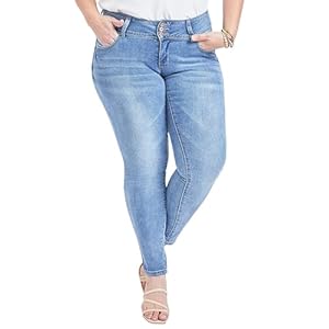 Royalty For Me by YMI Jeans Wannabettabutt Recycled Micro Fibers Mid-Rise 3 Button Fitted Body Hugging Stretchy Flexible Casual Plus Size Skinny Jeans for Women(Light wash Denim,14W)