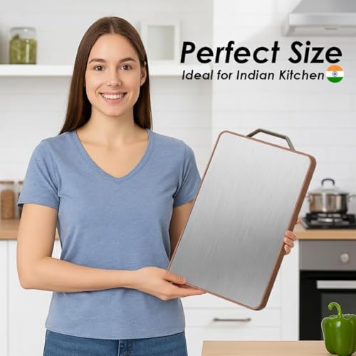 Image of Herrlich Homes Large Steel Chopping Cutting Board for Kitchen | Heavy-Duty Cutting Board | Dual Side usable | Antiskid | 38 x 28 cm
