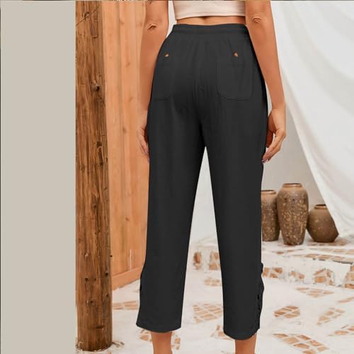 Womens Cotton Linen Pants Drawstring Elastic Waist Trousers Summer Lace Stitching Cargo Pants with Pockets - 5